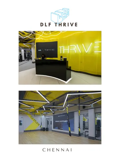A collage showcasing the DLF Thrive fitness center in Chennai. The design is a bold spatial experience, combining dynamic geometry, high-impact lighting, and an electric color palette to inspire performance.