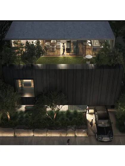 An aerial night view of the proposed office block, revealing a rooftop garden and terrace. I believe in utilizing every surface to create functional and beautiful spaces.
