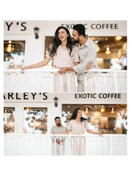 A collage showing a couple's pre-wedding shoot at a modern cafe, capturing both posed and candid moments.