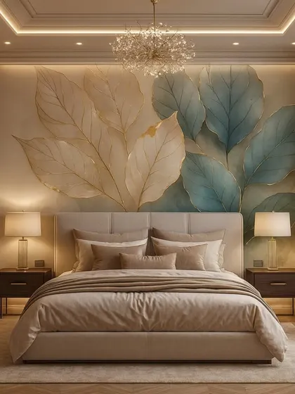A beautiful blend of colors in this bedroom accent wall, featuring 3D leaves in shades of teal and beige with golden highlights. The design is both modern and calming.