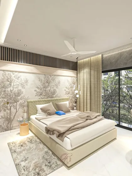 This view from the side of the bed showcases the elegant curtains and the cozy study nook, demonstrating how we can incorporate functional spaces into a serene bedroom design.