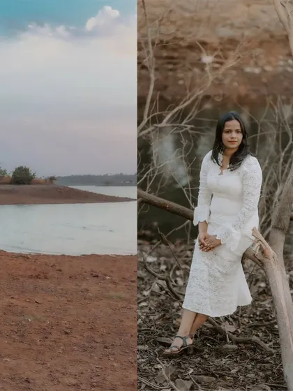 A split image showing the vast, serene landscape of a lakeside location on one side, and a portrait of the bride-to-be on the other.