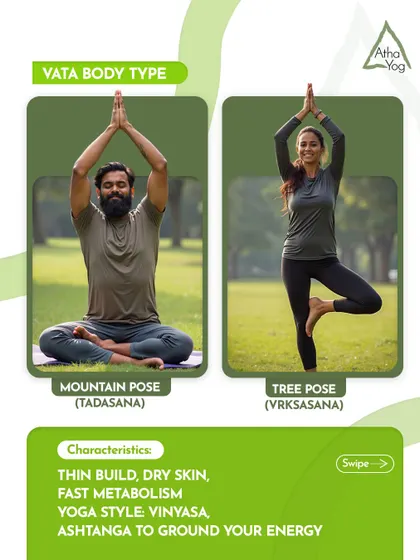 For the Vata body type (thin build, fast metabolism), I recommend Vinyasa or Ashtanga yoga to ground your energy. Poses like Tadasana and Vrikshasana are excellent.