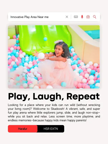 Play, laugh, repeat. A happy girl enjoying our massive ball pit, one of the best places in Skadoosh to just let loose and have fun.