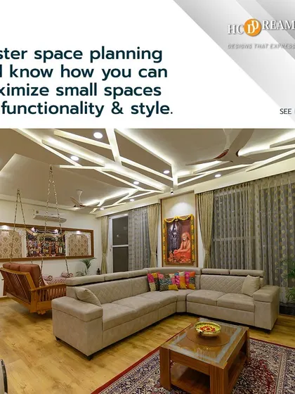 This living room demonstrates expert space planning in a large area. A plush L-shaped sofa defines the seating zone, while a traditional wooden swing adds a playful, cultural element without disrupting the flow.