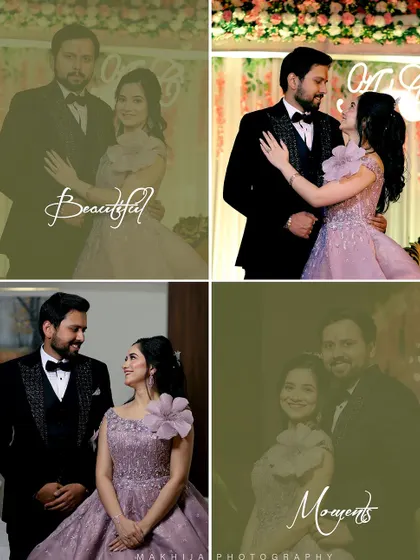 This four-panel collage captures the beautiful moments between the couple during their ring ceremony. It shows their interactions and happiness in a visually engaging format.
