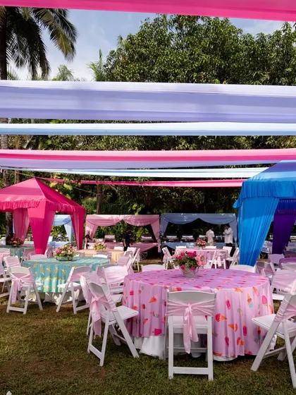 A fun, outdoor carnival-style dining setup with colorful tents and printed tablecloths, perfect for a relaxed daytime event.