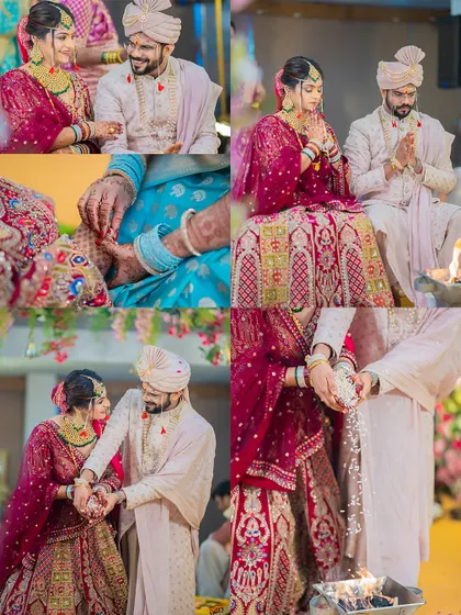 A collage of key rituals from a Gujarati wedding, including the pheras around the sacred fire and other traditional ceremonies.