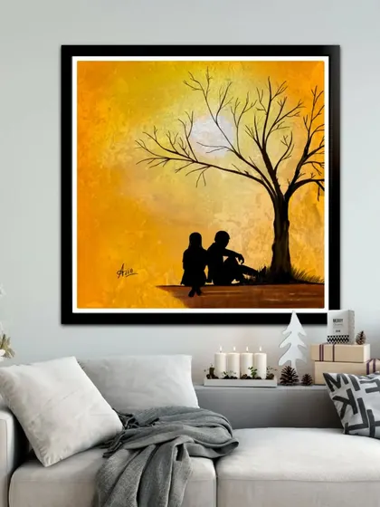 The sunset silhouette with a textured, painterly background.