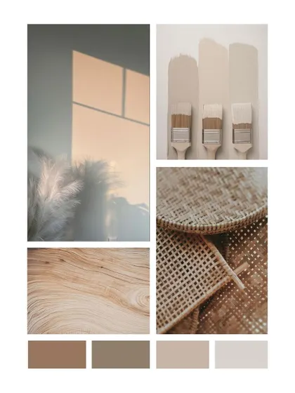 A mood board for our 'Mjukvit' project. This collage of textures, colors, and light helps us establish the serene, minimal, and timeless feel we're aiming for.