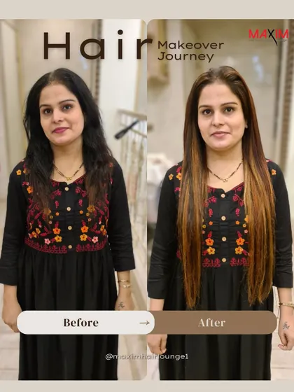 A beautiful hair makeover journey. We added length and subtle highlights to give her a brighter, more youthful, and voluminous look.