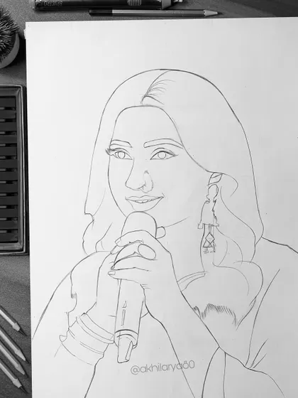 The outline for my Shreya Ghoshal portrait. This is the foundation upon which I build all the layers of color and shading.