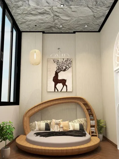 This son's retreat balcony was transformed into a magical space with a custom teak wood bed inspired by a bird's nest and a faux PU stone ceiling.