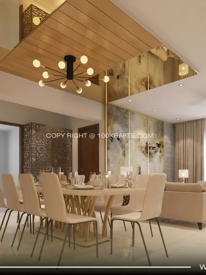 A grand dining area from our Cochin project, featuring a 10-seater table under a stunning wooden and mirrored false ceiling. This design blends traditional values with luxurious modern aesthetics.