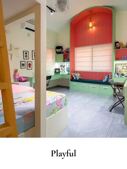 This playful room is full of personality, with its pastel colors, creative bunk bed layout, and a cozy reading nook that’s perfect for daydreams and adventures.