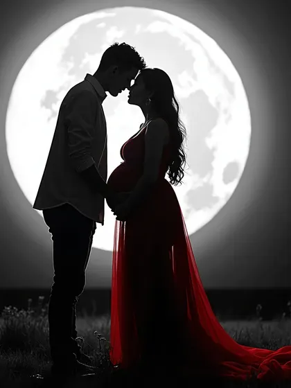 A creative silhouette of a couple against the moon, with the red of the gown selectively colored for a striking artistic effect.