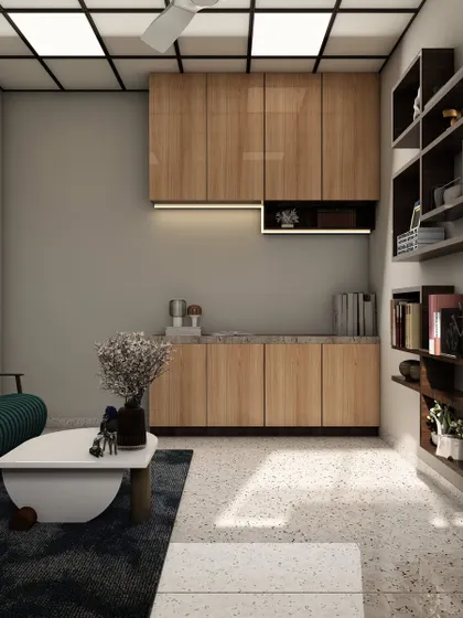 A look at the storage and utility area within the luxury office suite. The seamless, handle-less wooden cabinets provide a clean look while offering ample space for files and supplies.