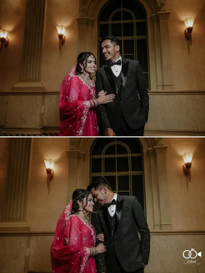 A diptych of the couple posing against a grand window, capturing both a formal pose and a moment of shared laughter.