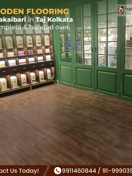 Our wooden flooring project at the Makaibari tea boutique in Taj Kolkata is complete. The rich, dark wood floor complements the classic green walls and sophisticated decor, creating a warm and inviting atmosphere for a luxury retail space.
