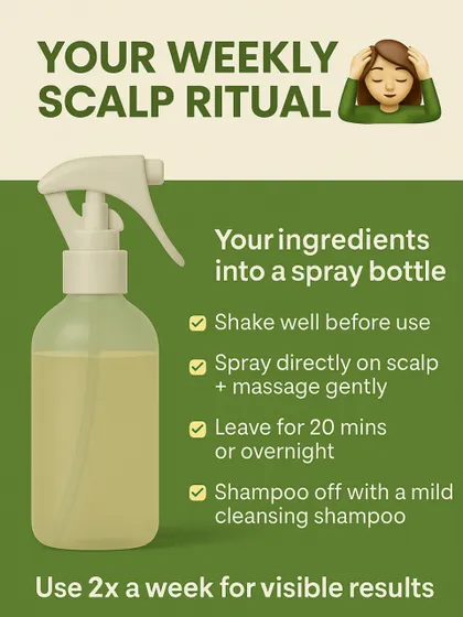 This graphic explains how to use the DIY Scalp Detox Spray. Just mix the ingredients, spray on your scalp, leave it in, and shampoo it off. Using it twice a week can lead to visible results for a healthier scalp.