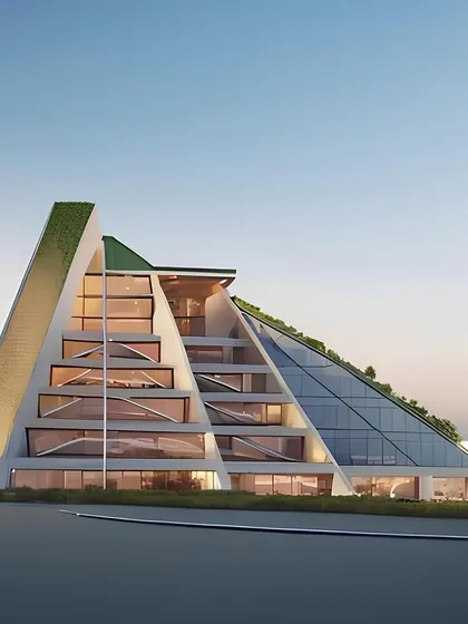 A frontal view of a pyramidal version of the terraced concept, with a large glass facade.