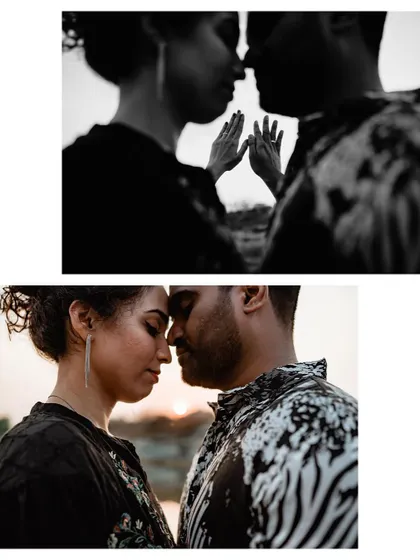 A beautiful collage of black and white and color photos, capturing the couple's intimacy against a sunset backdrop.