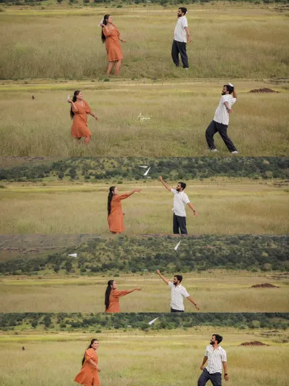 A collage showing the full sequence of Prem and Jinal playing with paper planes in a vast field. The images capture their movement and joy, creating a dynamic and story-driven visual.