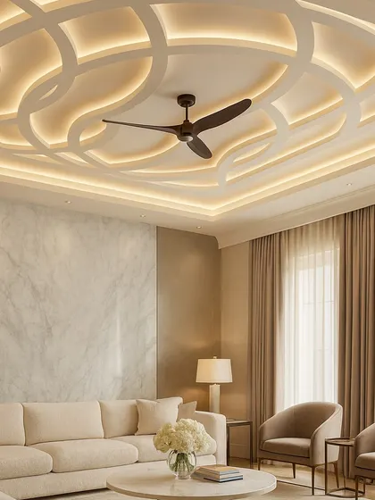 A flowing, wave-patterned false ceiling design that incorporates a ceiling fan seamlessly. The integrated lighting follows the curves, adding a sense of movement and sophistication to the room.