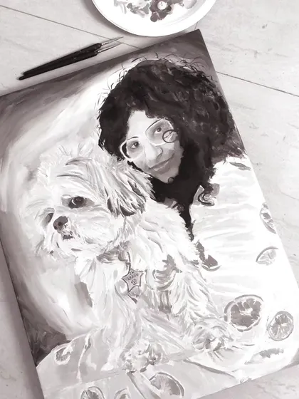 A finished black and white portrait of a client with her beloved dog. I find that monochrome paintings can capture a deep sense of emotion and tranquility, focusing purely on the bond between a person and their pet.