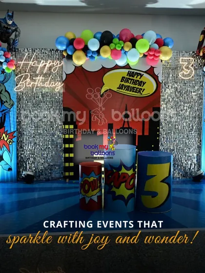 This superhero themed setup for Jayaveer's third birthday shows how we craft events that sparkle with joy and wonder. The stage features Batman, Superman, and a comic book art style.