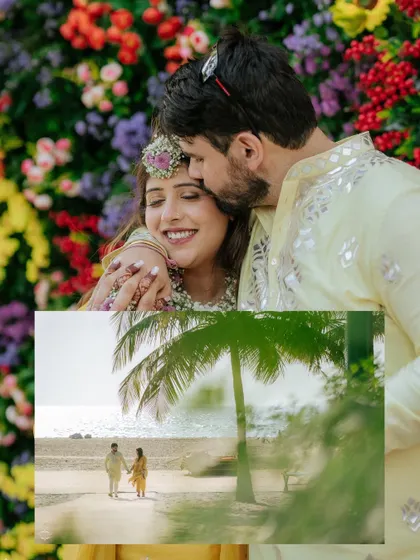 A creative collage combining a tender portrait with a scenic shot of the couple walking on the beach, telling a story within a single image.