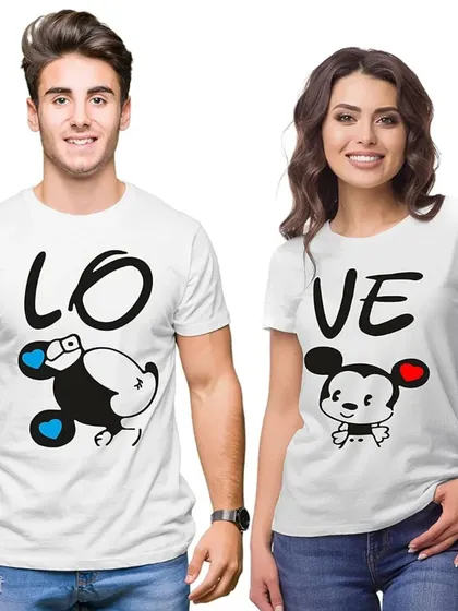 A cute 'LO-VE' couple t-shirt set featuring cartoon characters.