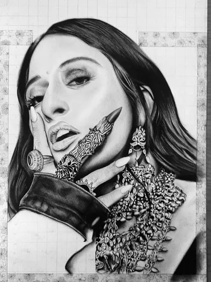 This is the 98-hour process of drawing Raja Kumari. The progress shots highlight the extreme detail in her jewelry and the challenge of rendering different textures.
