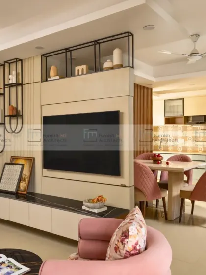 The rotating TV unit is a perfect solution for open-plan living. Here it is shown in its default position, integrated seamlessly into the wall paneling.