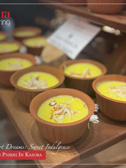 Our Kesari Phirni is served traditionally in earthen kasoras (clay pots). This saffron-flavoured rice pudding is a rich and creamy dessert that delights the senses.