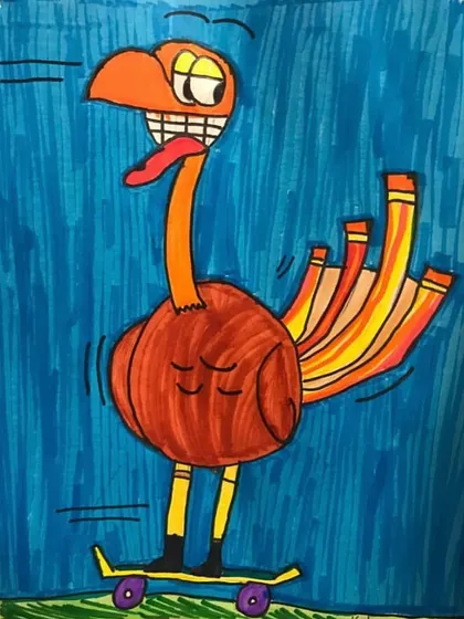 A turkey on a skateboard. Our lessons are designed to be fun and out-of-the-box, sparking creativity and keeping students engaged.