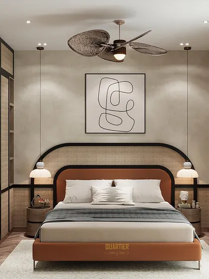 A bedroom designed in a Japandi theme, blending Japanese minimalism with Scandinavian simplicity. The room features a bed with a curved upholstered headboard, natural wood tones, and a large wardrobe with rattan paneling.