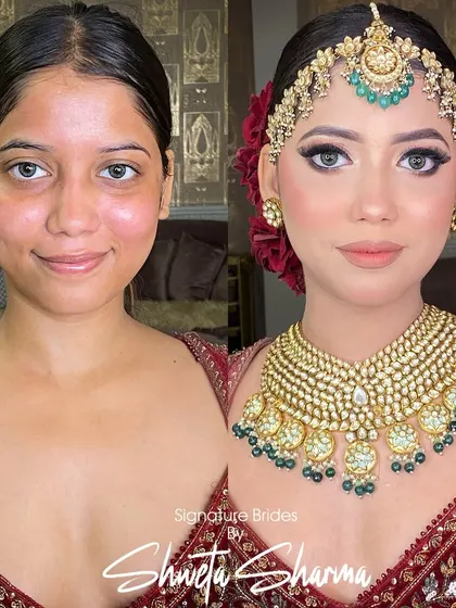 Another stunning before-and-after shot, this time highlighting a classic red bridal look with a matha patti. The transformation is clear and impactful.