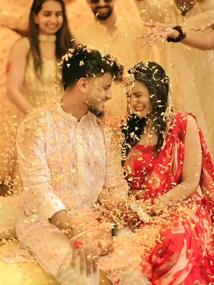 Showered in flowers and love during a fun-filled Haldi ceremony.