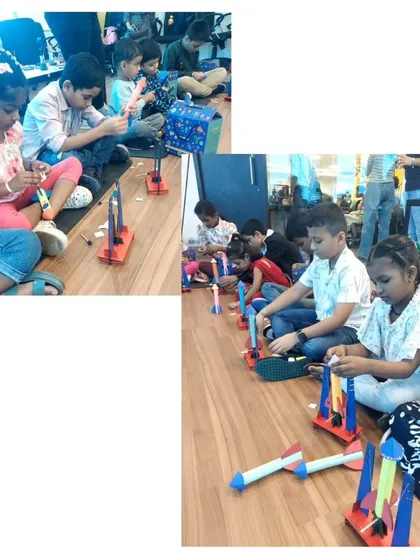 A collage showing kids fully absorbed in building their rockets. We can manage large groups, ensuring each child has the space and materials to work on their project.