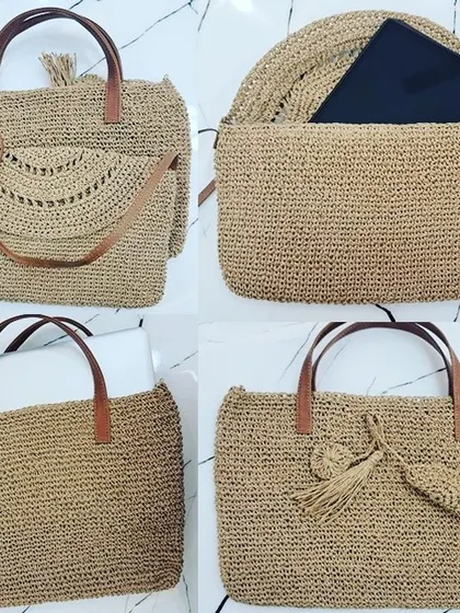 Our collection of sustainable raffia bags is perfect for carrying laptops, tablets, and daily essentials. This collage shows various designs, from totes to crossbody bags, all of which are lightweight, durable, and stylish.