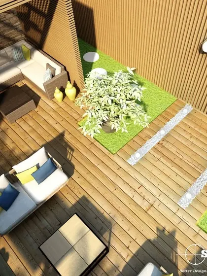 An aerial view of a rooftop garden concept. I design these spaces as urban oases, using wooden decking, artificial turf, and comfortable seating to create a private, natural escape.