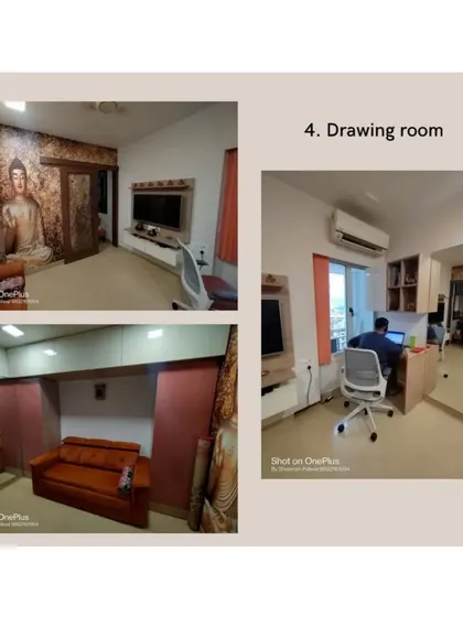 This drawing room was designed to be a multi-functional space. It includes a comfortable sofa, a dedicated work-from-home desk area, and ample storage, all tied together with a calming, nature-inspired wallpaper.