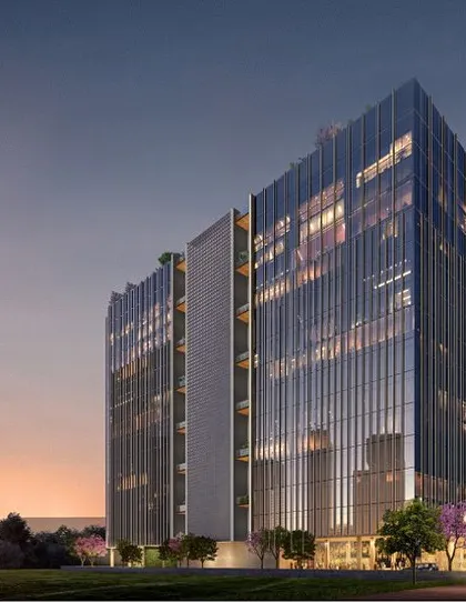 A full render of our upcoming commercial project in Mumbai. The building's glass facade reflects the sky, creating a dynamic and ever-changing appearance that will add value to the city's skyline.