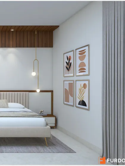 Another angle of the minimalist master bedroom, showing how abstract art can complement the simple design.