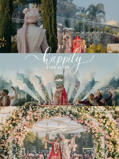 A collage capturing the essence of a "happily ever after," from the groom's first look to the dramatic Varmala with smoke effects and the final kiss under a floral arch.