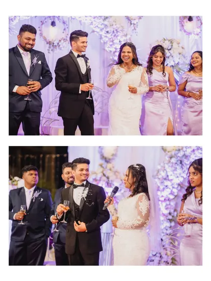 The wedding toast. The bride looks elegant and poised as she addresses her guests, her hair and makeup looking impeccable.