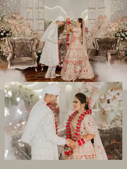 A collage of the varmala exchange, set against a lavishly decorated stage with smoke effects for a dreamy feel.
