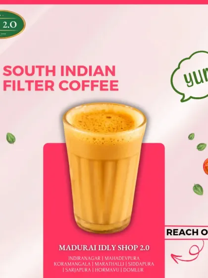 Authentic South Indian bliss in a glass. Our filter coffee has a rich aroma and creamy taste, the perfect companion for our tiffin dishes.