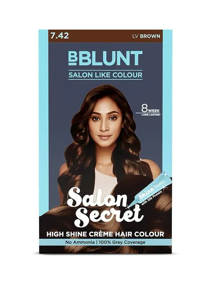 The final packshot for BBlunt's 'Salon Secret' hair color in LV Brown. This shows my photography as it appears on the final product packaging, a critical component of commercial photography.